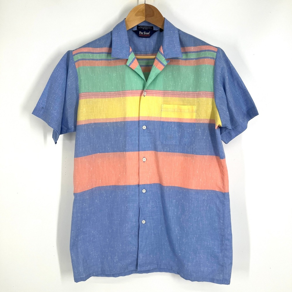 Vintage Par Four Sportswear Mens Medium Striped Short Sleeve Button Down Shirt